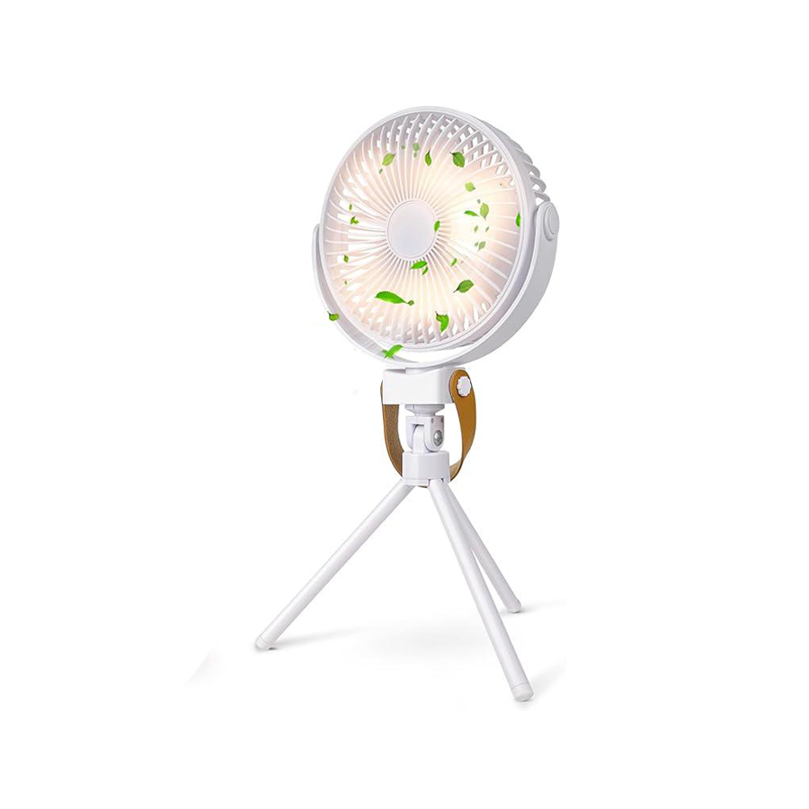 Tragbarer batteriebetriebener Ventilator mit LED-Laterne, 270° oszillierender Ventilator, 10400 mAh, kleiner wiederaufladbarer Campingventilator für den Außenbereich