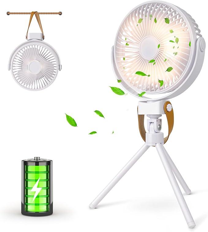 Tragbarer batteriebetriebener Ventilator mit LED-Laterne, 270° oszillierender Ventilator, 10400 mAh, kleiner wiederaufladbarer Campingventilator für den Außenbereich