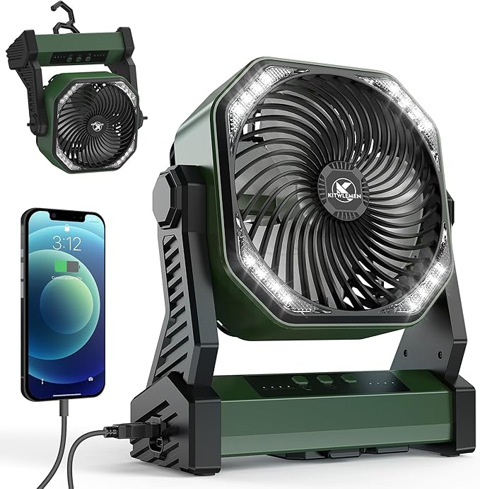 Rechargeable Battery Operated Outdoor Tent Fan with Light & Hanging Hook