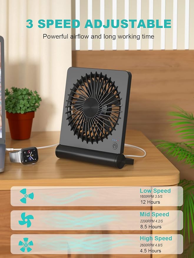 Desk Fan – USB Rechargeable & 3-Speed Cooling