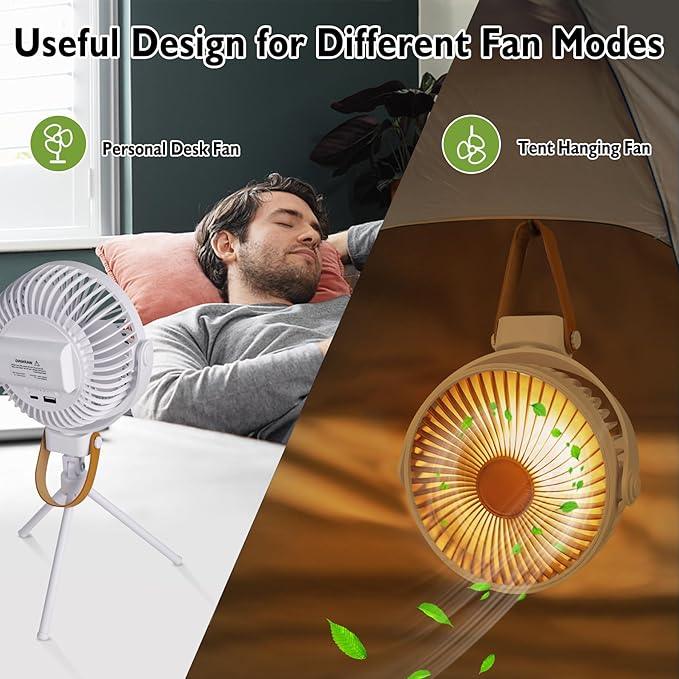 Tragbarer batteriebetriebener Ventilator mit LED-Laterne, 270° oszillierender Ventilator, 10400 mAh, kleiner wiederaufladbarer Campingventilator für den Außenbereich