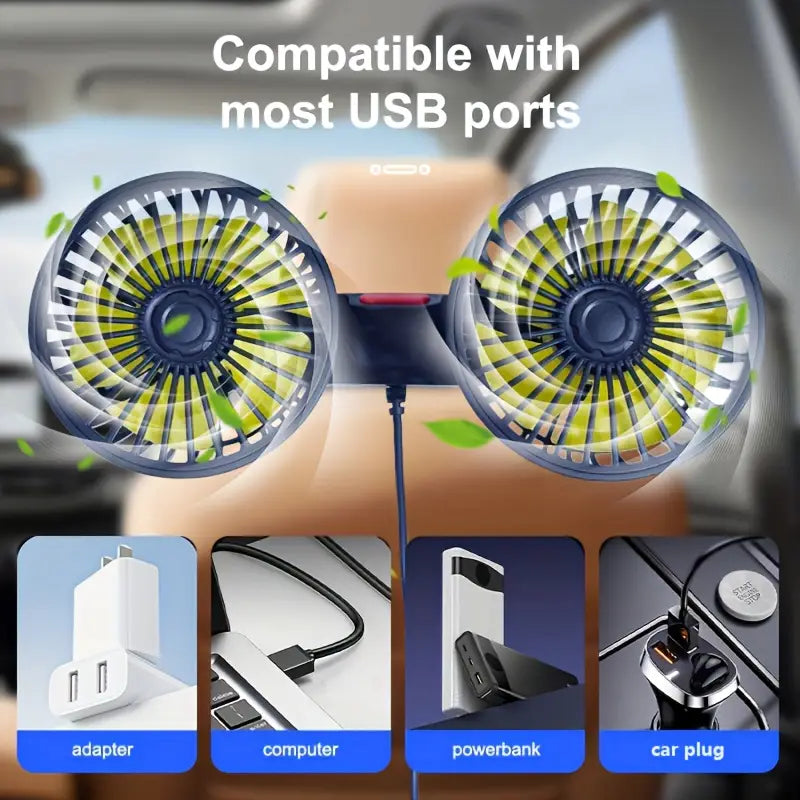 Dual-Head Car Cooling Fan for Rear Seat Comfort