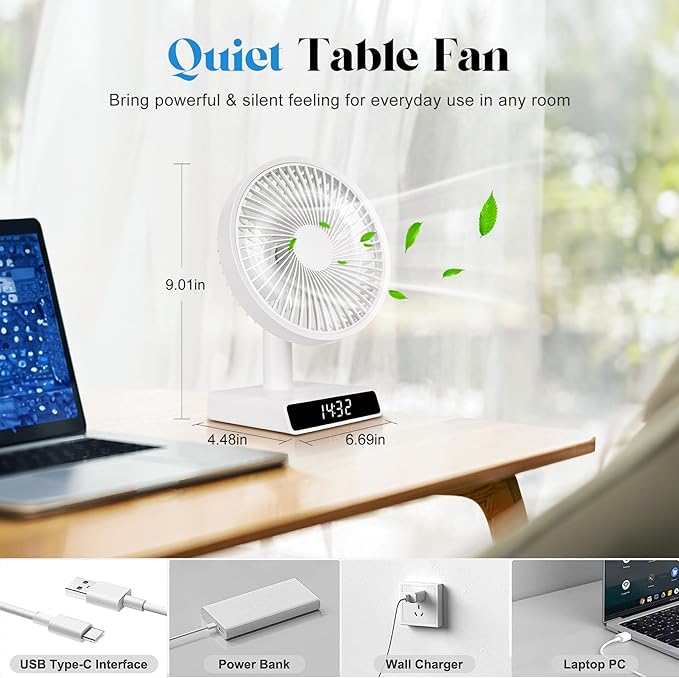 Quiet 9" USB Desk Fan – Rechargeable & Portable