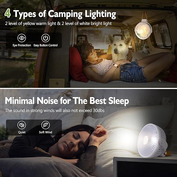 Tragbarer batteriebetriebener Ventilator mit LED-Laterne, 270° oszillierender Ventilator, 10400 mAh, kleiner wiederaufladbarer Campingventilator für den Außenbereich