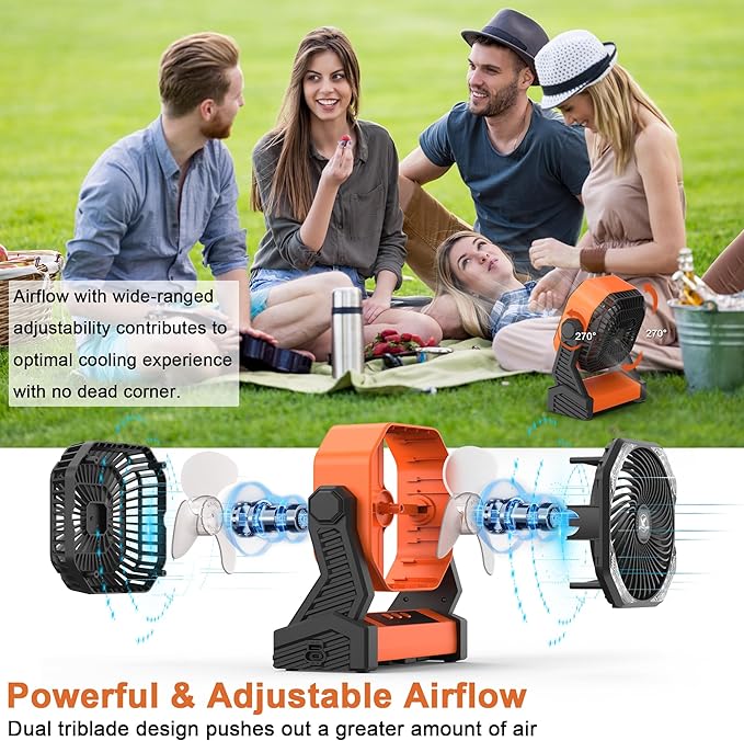 Rechargeable Battery Operated Outdoor Tent Fan with Light & Hanging Hook