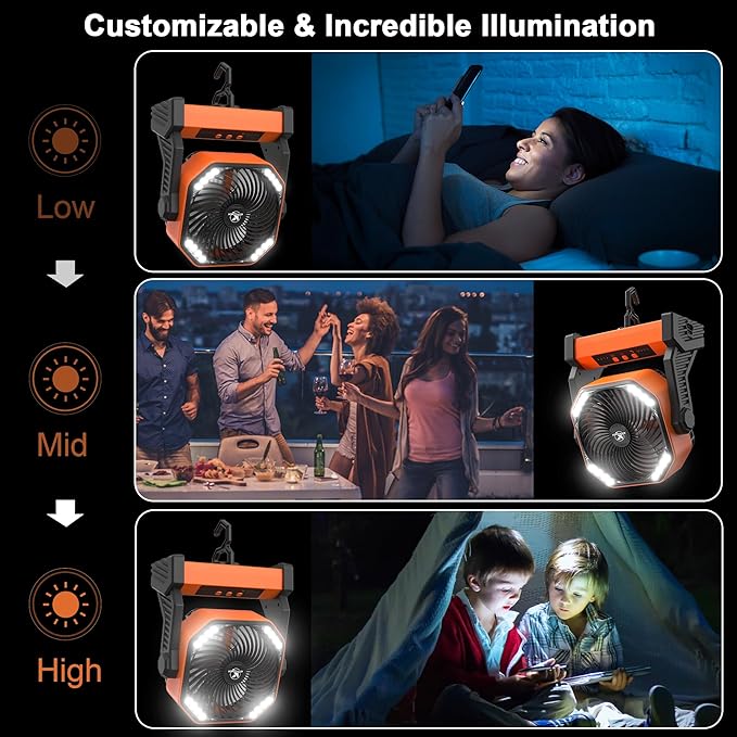 Rechargeable Battery Operated Outdoor Tent Fan with Light & Hanging Hook