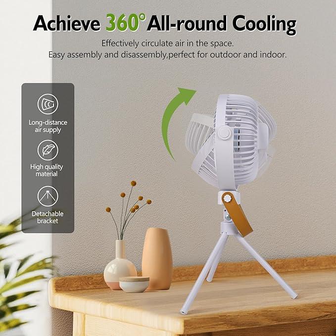 Tragbarer batteriebetriebener Ventilator mit LED-Laterne, 270° oszillierender Ventilator, 10400 mAh, kleiner wiederaufladbarer Campingventilator für den Außenbereich