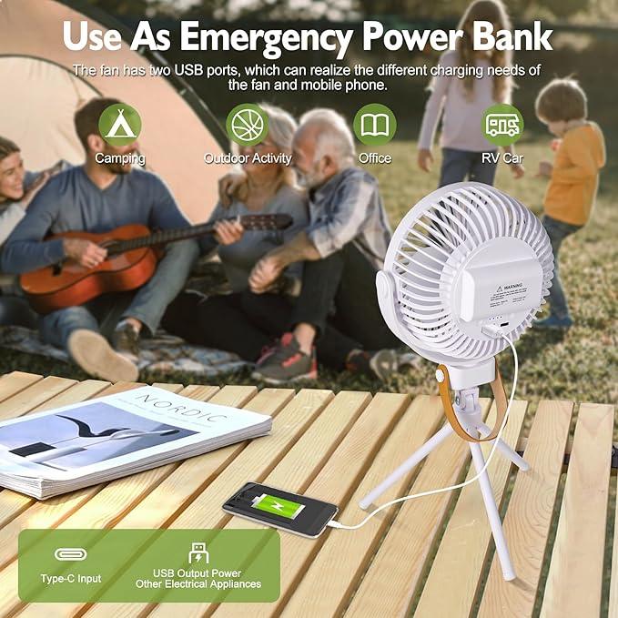 Tragbarer batteriebetriebener Ventilator mit LED-Laterne, 270° oszillierender Ventilator, 10400 mAh, kleiner wiederaufladbarer Campingventilator für den Außenbereich