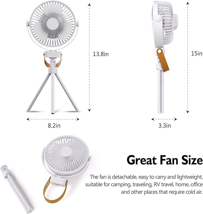 Tragbarer batteriebetriebener Ventilator mit LED-Laterne, 270° oszillierender Ventilator, 10400 mAh, kleiner wiederaufladbarer Campingventilator für den Außenbereich