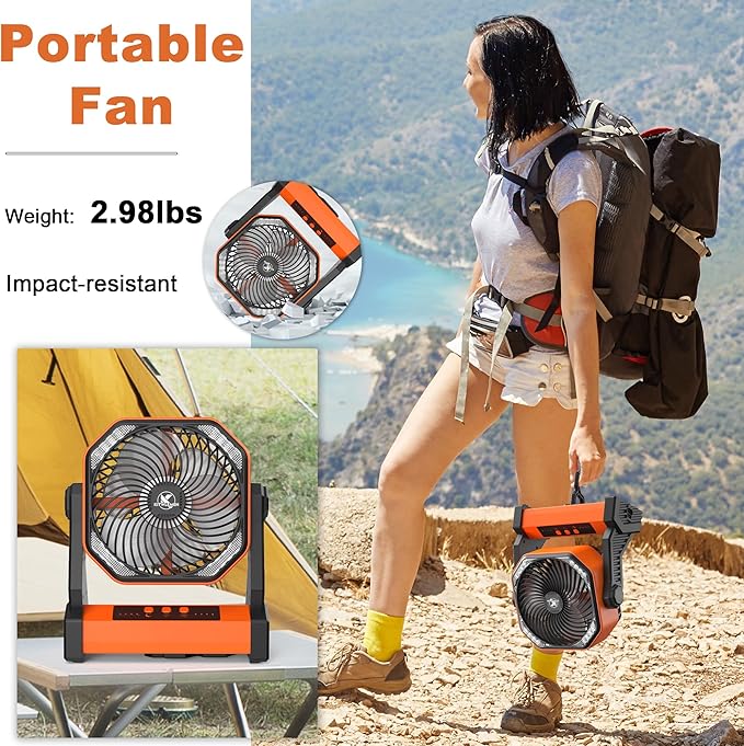 Rechargeable Battery Operated Outdoor Tent Fan with Light & Hanging Hook
