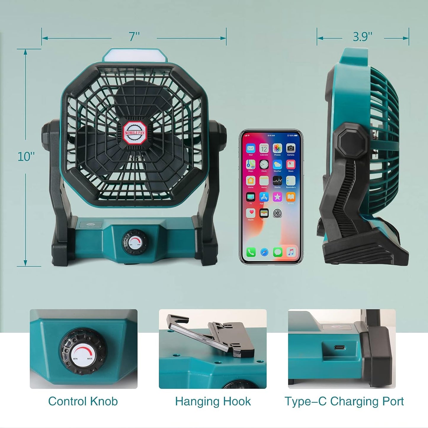 Portable Battery Operated Fan with LED Lantern