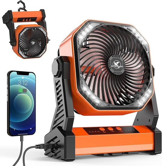 Rechargeable Battery Operated Outdoor Tent Fan with Light & Hanging Hook