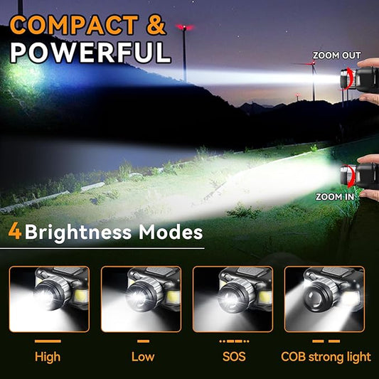 Adjustable Waterproof  Rechargeable Headlamp with 2 Side Super Bright LED Lights