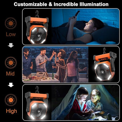 Rechargeable Battery Operated Outdoor Tent Fan with Light & Hanging Hook